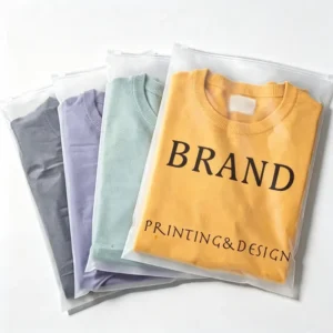 Frosted translucent PET zipper bags holding folded yellow, mint green, and purple shirts with black custom brand print.
