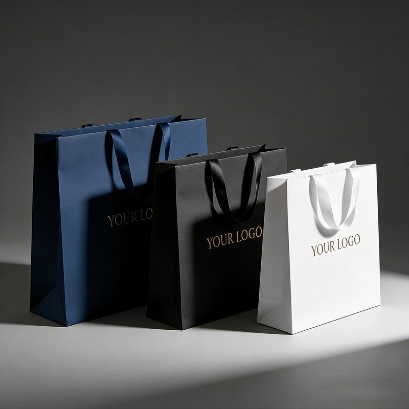Premium retail shopping paper bags with customized ribbon handles and foil stamping logo