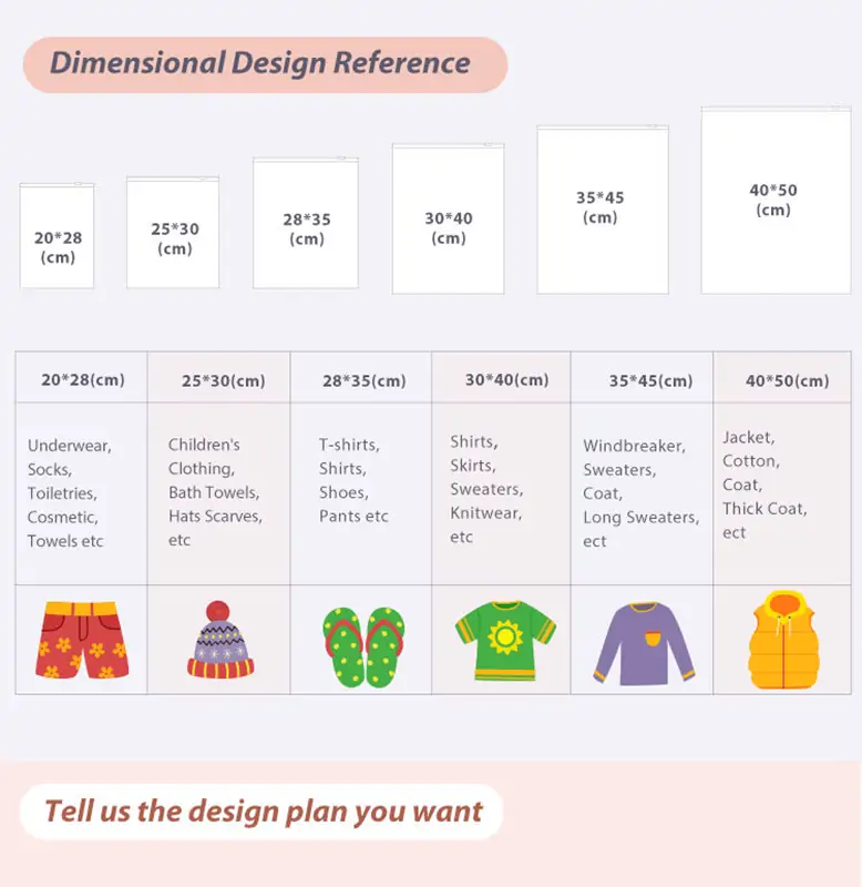 Size reference guide for PVC zipper bags from 20x20cm to 40x50cm for coats, shoes, and towels.