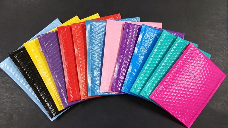 Assorted colorful poly bubble mailers with customizable sizes and closure options
