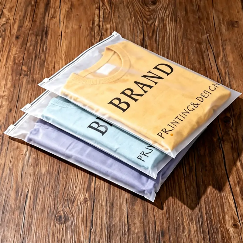 Stack of three frosted PET zipper bags with custom logo print resting on dark wooden tabletop in sunlight.