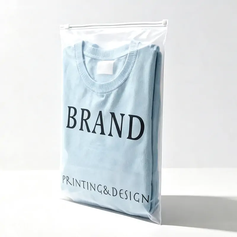 Standing translucent frosted PET slider bag displaying a light blue folded t-shirt with brand logo.
