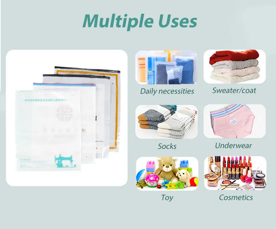 Infographic showing multiple uses for frosted zipper bags including sweaters, underwear, cosmetics, and toys.