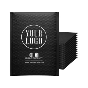 Black poly bubble mailer with custom printed white circular brand logo and self-seal adhesive strip