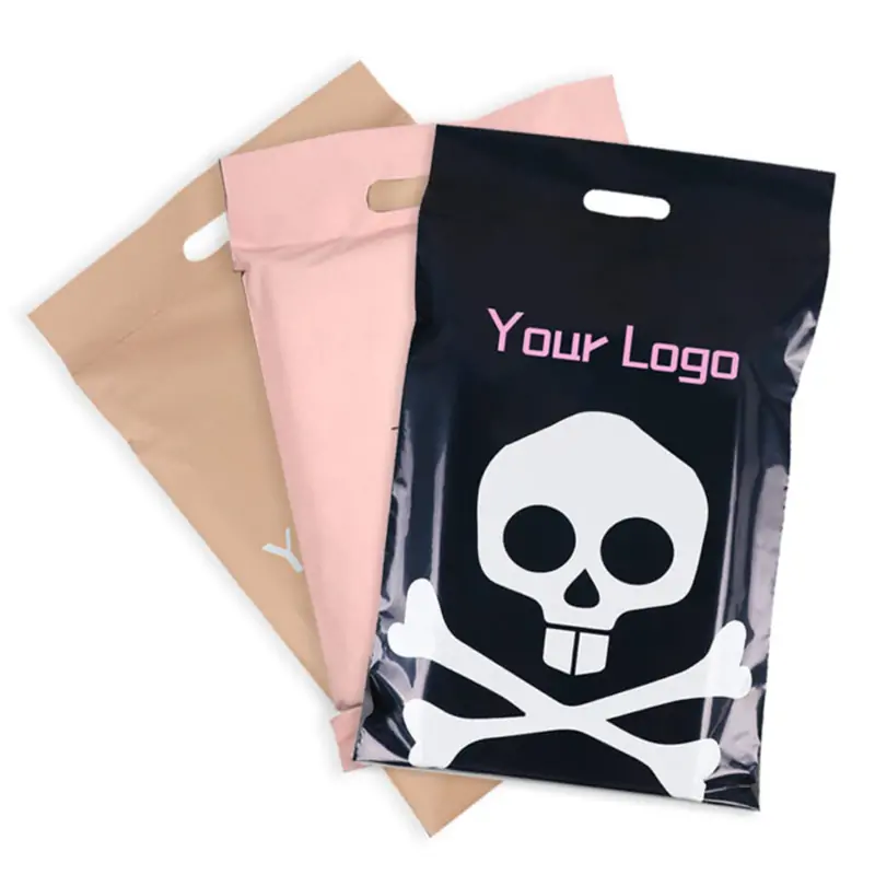 Custom black poly mailer bag with handle printed with white skull logo overlaid on pink and nude bags