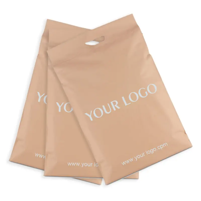 Custom nude beige poly mailer shipping bags with die-cut handles and white brand logo printing