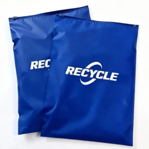Two royal blue eco resealable zipper bags printed with white RECYCLE logo and smooth zip slider top.