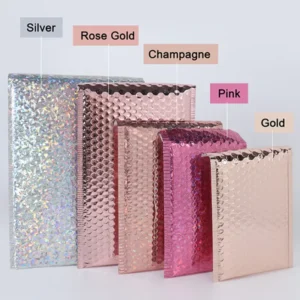 Row of metallic foil bubble mailers in silver, rose gold, champagne, pink, and gold color options