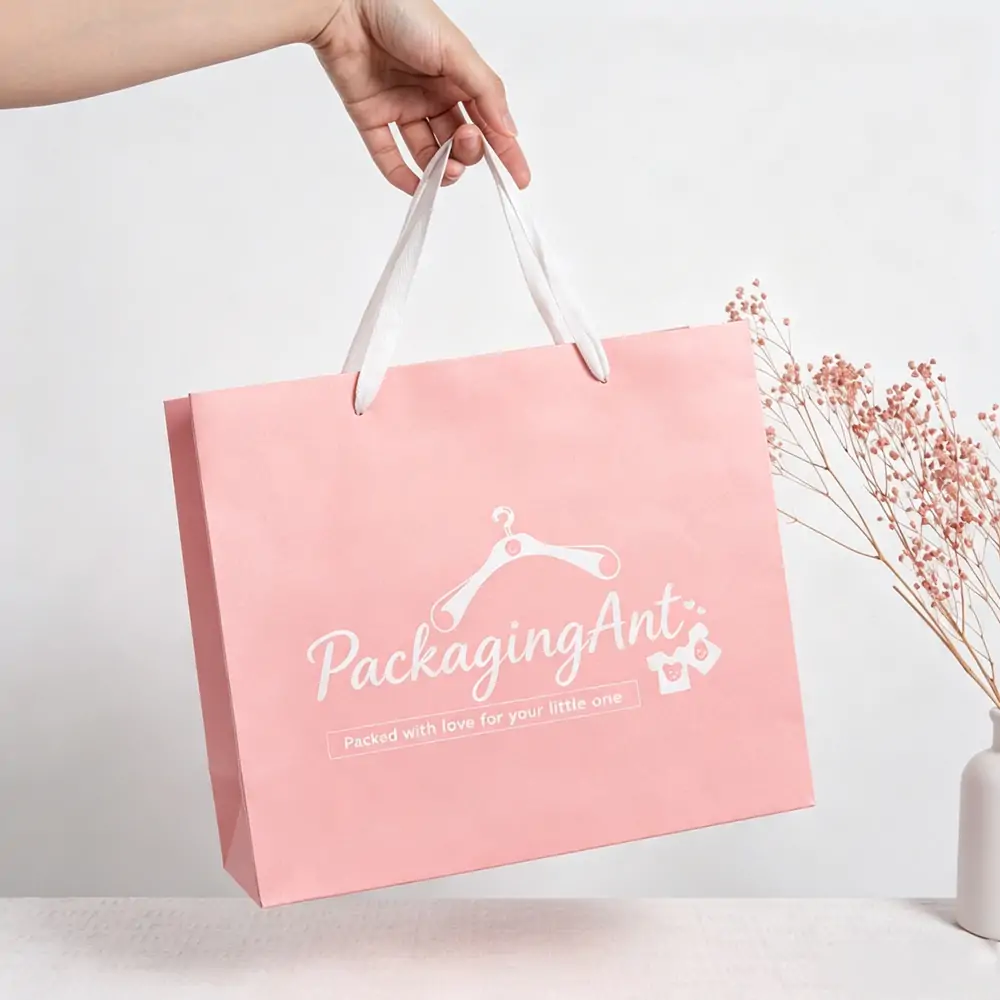 Hand holding a pastel pink boutique shopping gift paper bag featuring custom white logo and white ribbon handles.
