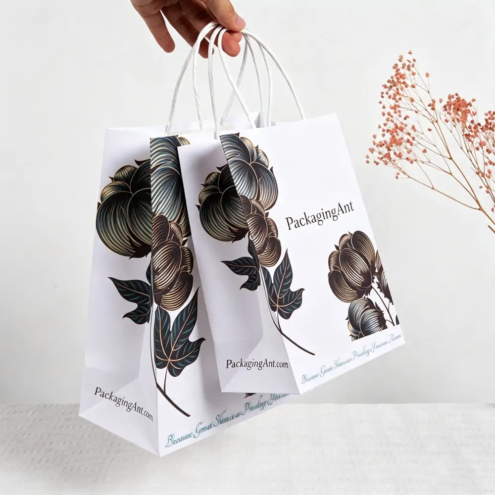 Hand holding white shopping gift paper bag with delicate floral botanical artwork and white rope handles.