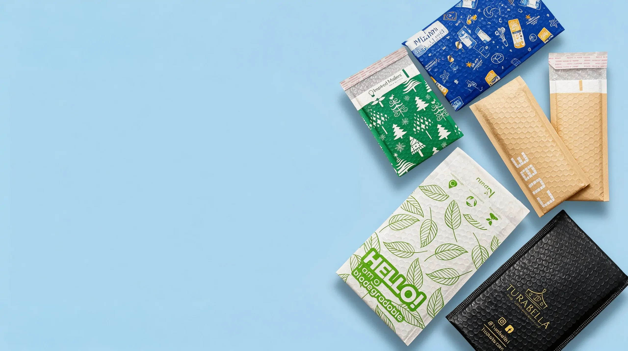 Assorted colorful custom padded bubble mailers with bubble cushioning and peel-and-seal closures