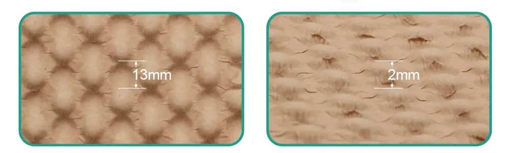 Macro detail comparing 10mm bubble diameter versus 2mm dense cushioning layer in compostable mailers