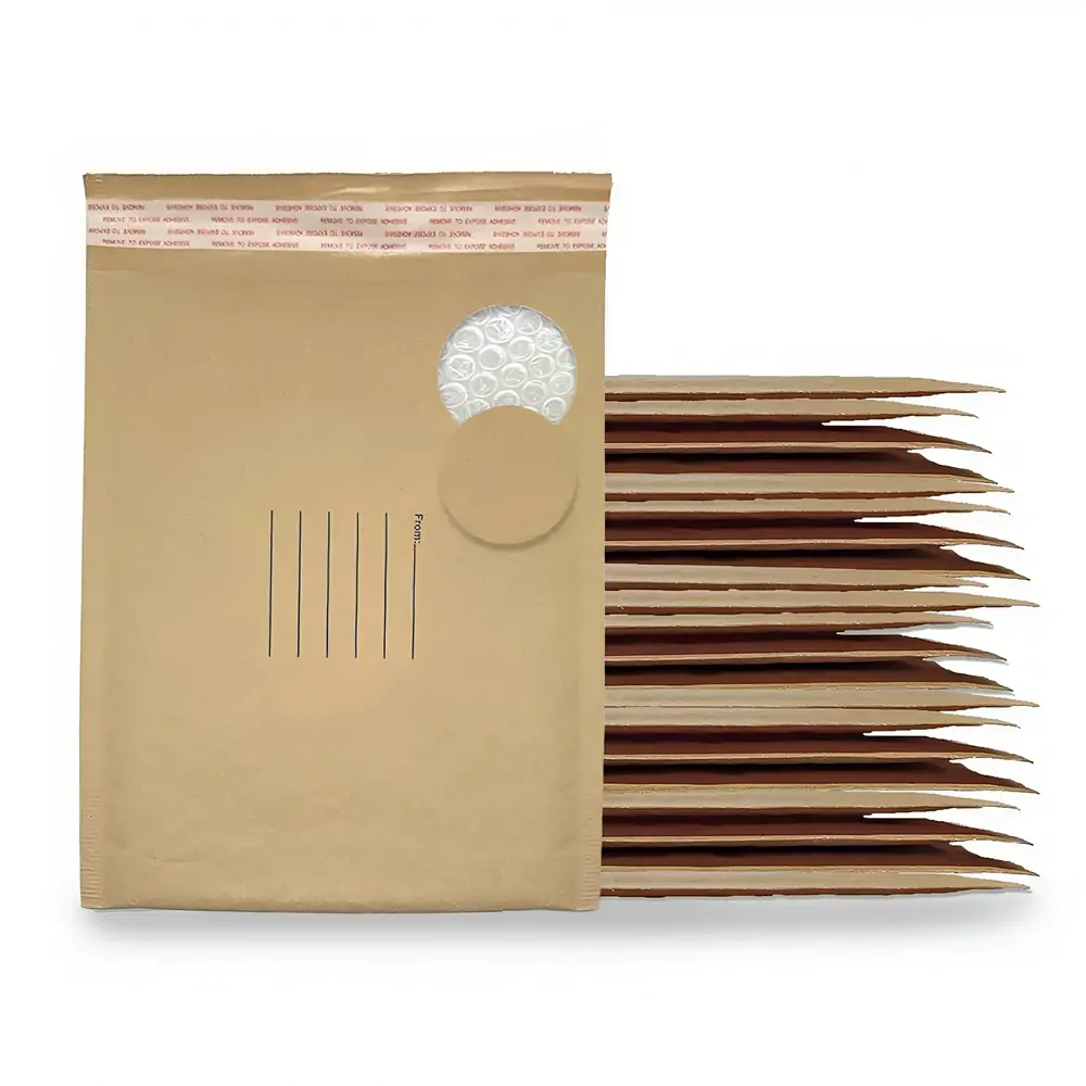 Bulk wholesale stack of brown kraft bubble mailers with self-seal closure