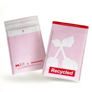 Eco-friendly recycled poly bubble mailers printed with official GRS certified recycled logo badge