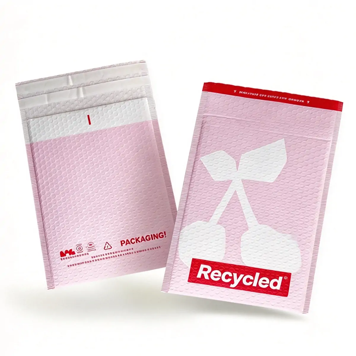 Eco-friendly recycled poly bubble mailers printed with official GRS certified recycled logo badge