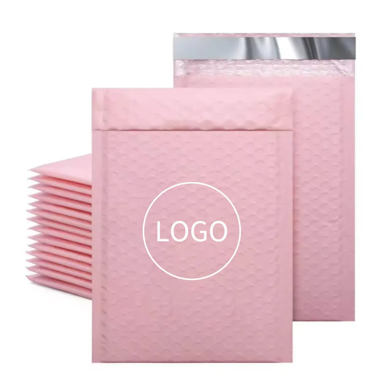 Custom logo pink recycled bubble mailer featuring antistatic peel and seal closure strip