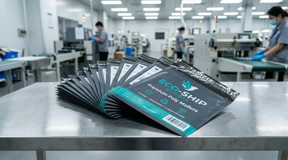 Custom printed poly mailer bags displayed on a worktable