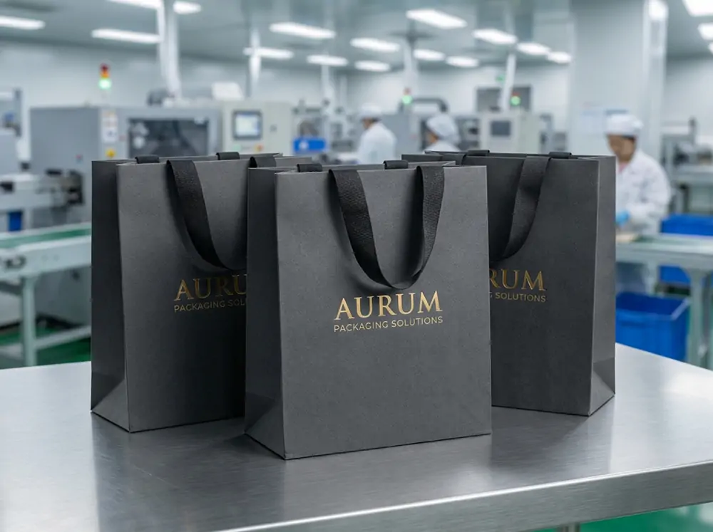 Custom gift paper bags with decorative handles and printed finishes