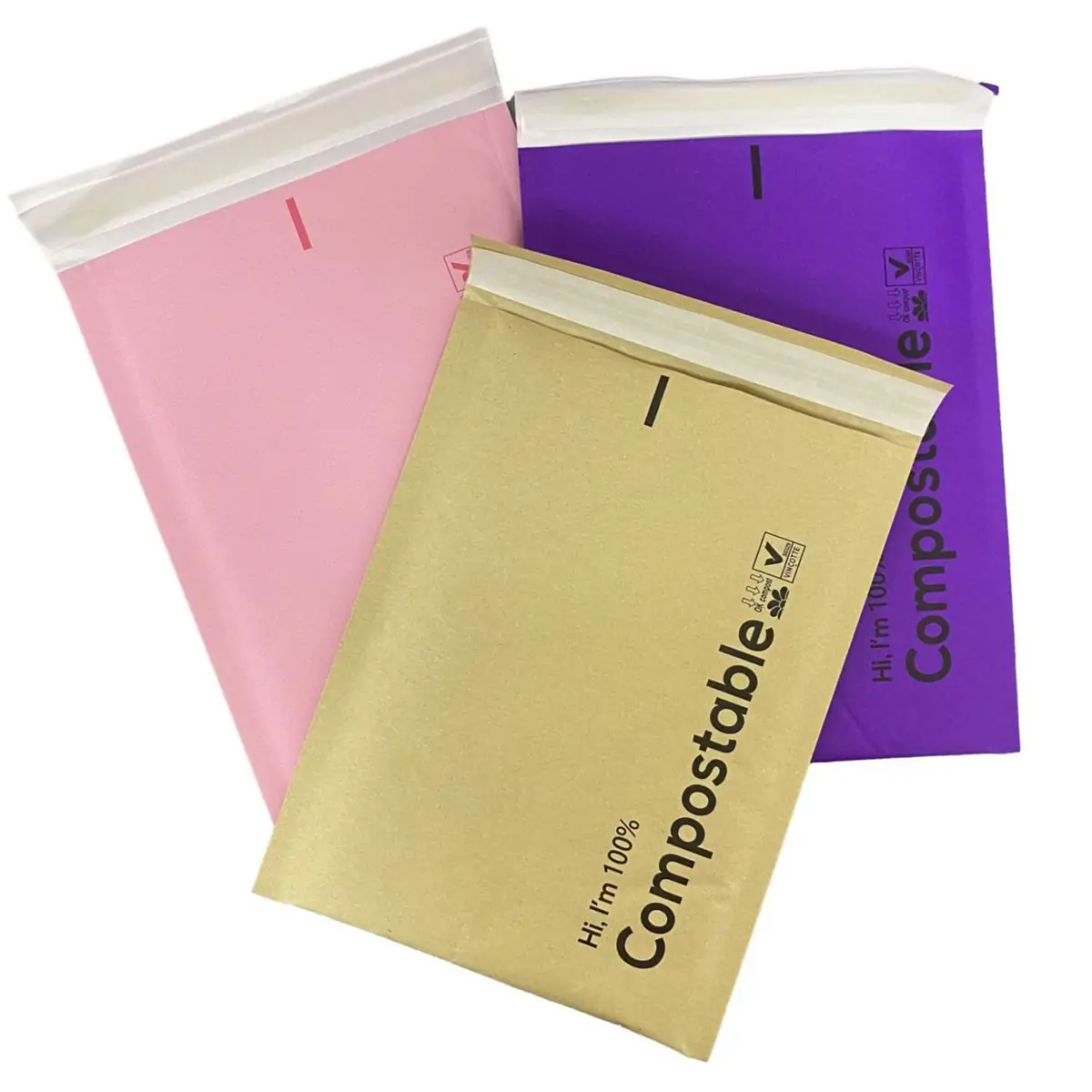 Assortment of multi-color compostable padded envelopes in pink, gold, and purple with self-seal strips
