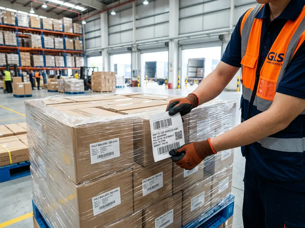 A worker applying a shipping label to flat-packed packaging on a pallet
