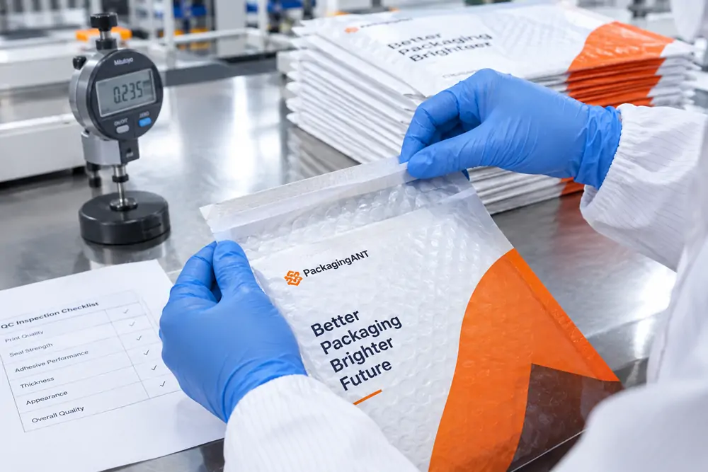 An inspector checking the side seal of a padded bubble mailer