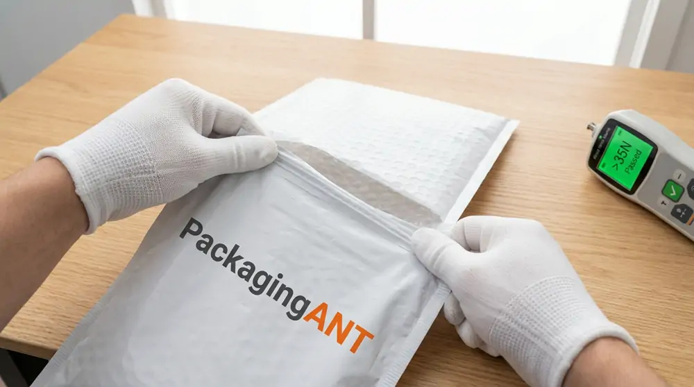 A padded bubble mailer sample being examined during a packaging quality review