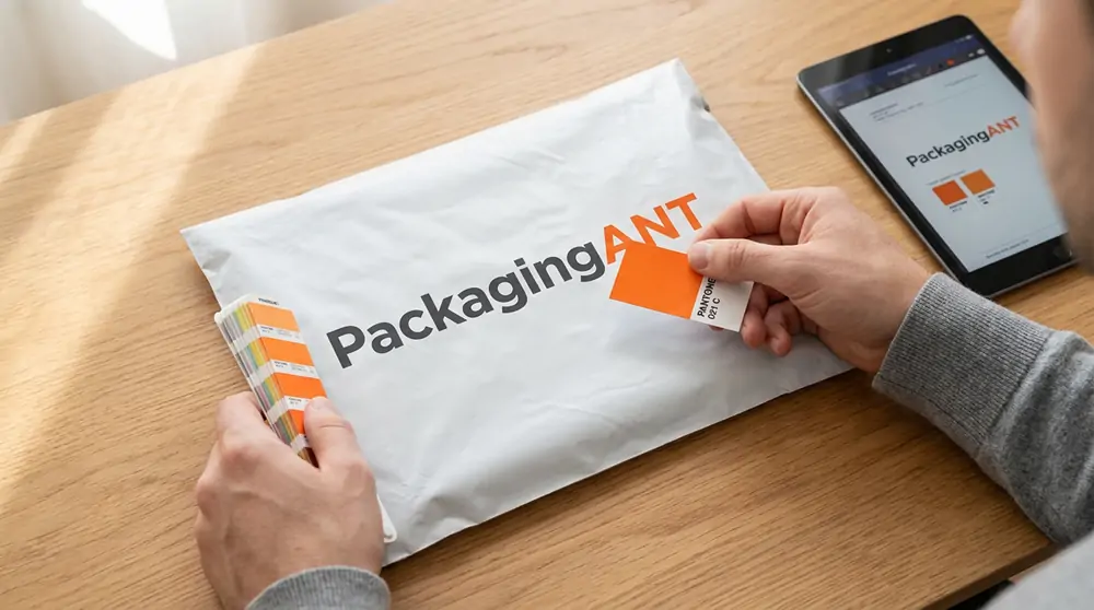 A Pantone color reference beside a frosted zipper bag packaging sample
