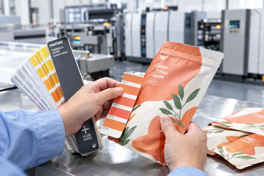 A technician comparing a printed packaging sample with a Pantone color swatch