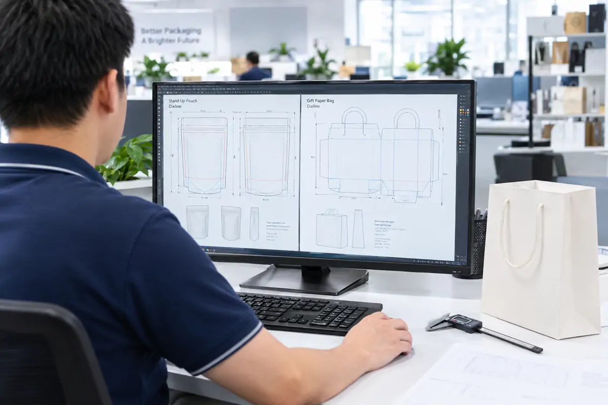 Packaging design software showing a structural dieline on a computer monitor