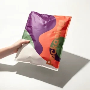 Custom printed white kraft bubble mailer held in hand showcasing vibrant branding by PackagingANT