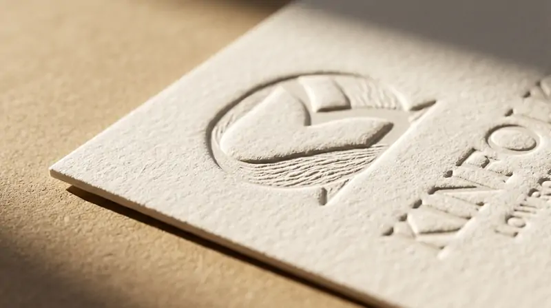Macro side-angle of blind debossing into thick cotton paperboard creating natural depth and shadows