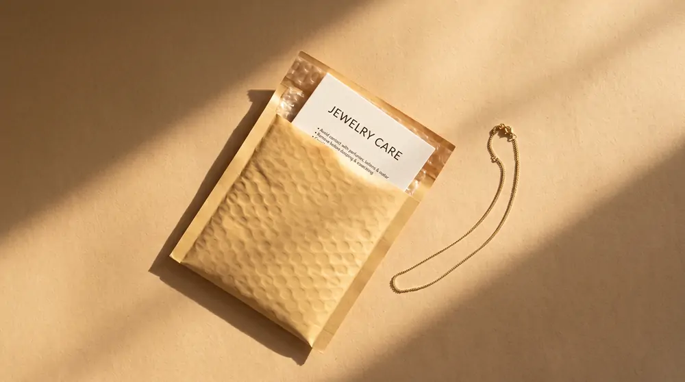 Kraft padded bubble mailer envelope paired with a 3.5x2 inch pocket jewelry care insert card and delicate gold chain