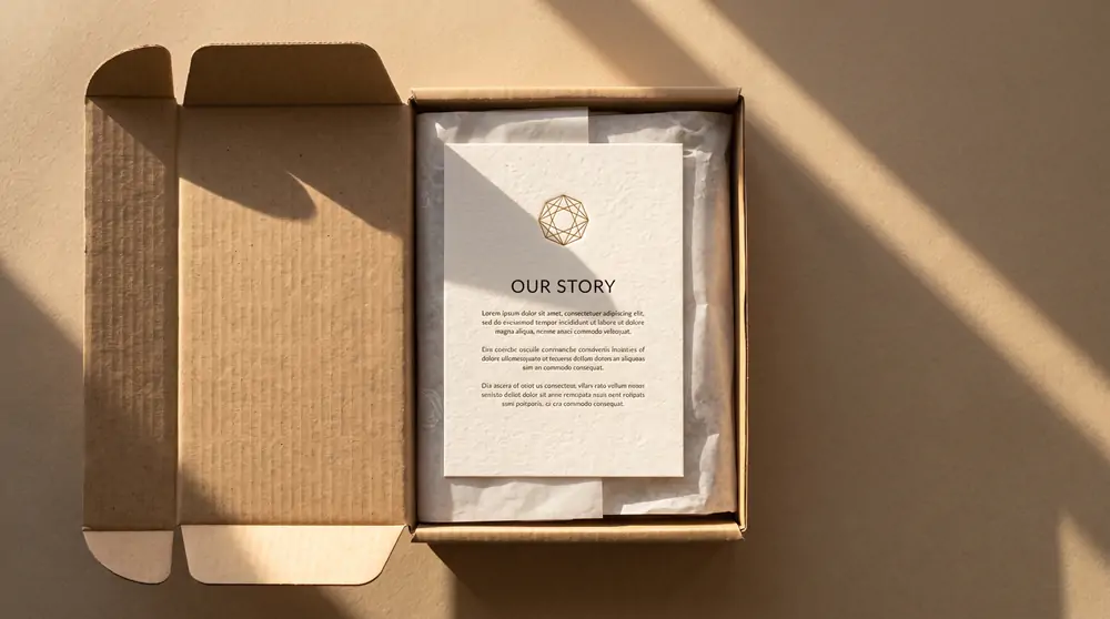 Top-down view of an open corrugated mailer box with a 5x7 inch gold foil stamped brand story card centered on folded tissue paper