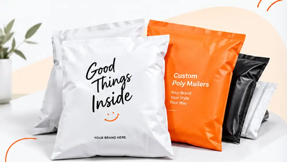 Custom printed poly mailer bags in white, vibrant orange, and glossy black for apparel e-commerce packaging
