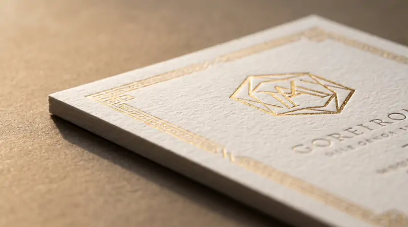 Textured cotton luxury packaging cards with gold foil stamping and embossed brand logo