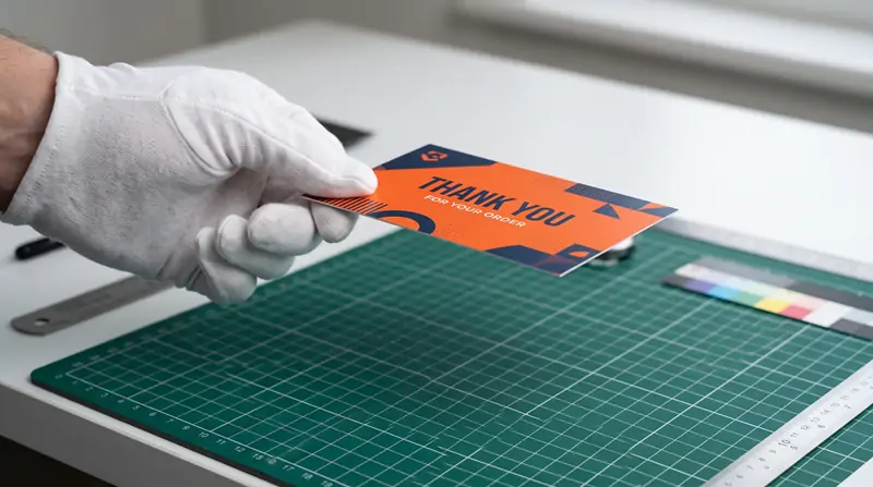 Digital caliper measuring 0.45mm thickness of rigid heavyweight 350gsm packaging insert card