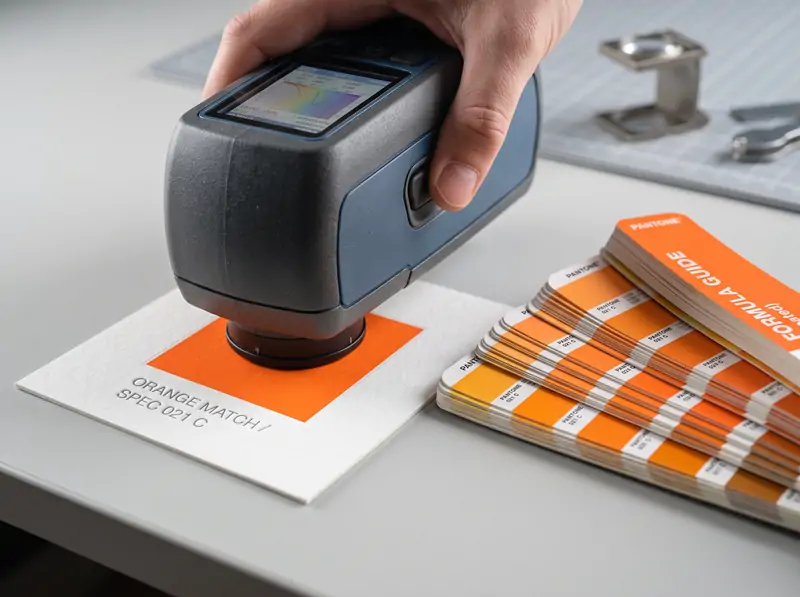 Professional spectrophotometer color calibration on custom packaging insert card with Pantone Formula Guide