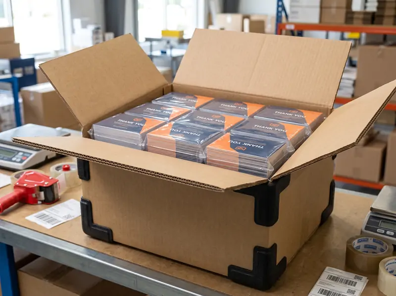 Heavy-duty export carton with rigid plastic corner protectors and heat-shrink wrapped packaging insert bundles