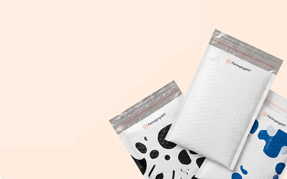 White custom printed poly bubble mailers with padded bubble lining and self-seal closures