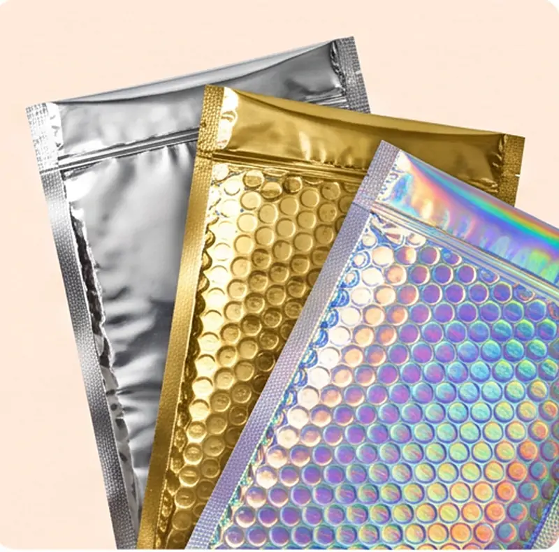 Silver metallic, gold metallic and iridescent holographic padded bubble mailers