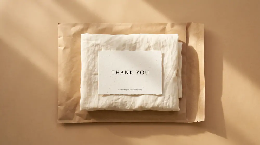 Flat-lay view of an open kraft poly mailer with 4x6 inch thank you insert card resting over folded linen apparel