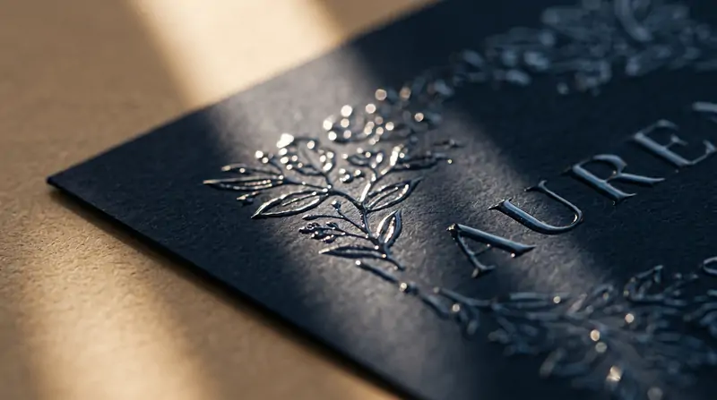 Macro detail of clear raised spot UV gloss coating contrasting over matte laminated card surface